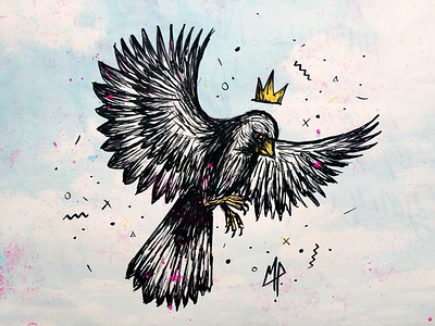 in flight bird crown drawing grunge handdrawn illustration ink sky