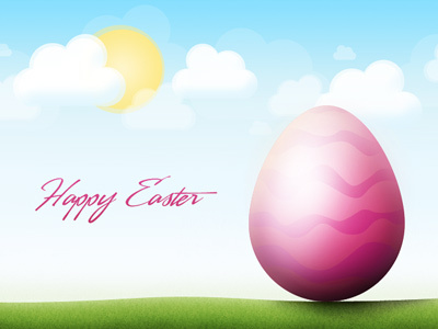 Happy Easter Dribbblers:) blue clouds easter egg grass pink sky sun type yellow