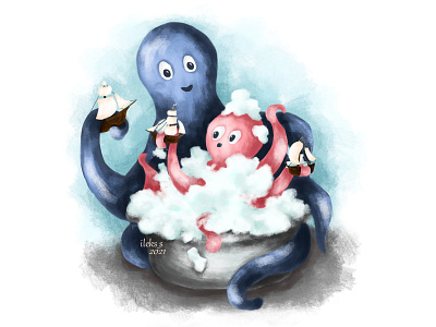 Bath time children book illustration childrens illustration digital art digital illustration illustraion krita octopus