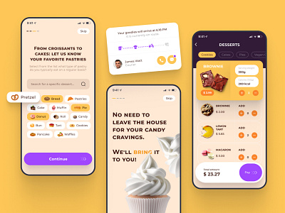 Baking delivery service App Design app bakery baking branding cafe cake candy cooking delivery design food illustration onboarding sweet ui ux vector