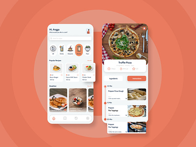 Food Recipe Cooking App - Home & Instruction Screens