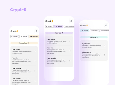 Crypt-R - Cryptography tool Mobile App accessibility android app app design cryptography design ease of use functional intuitive intuitive experience ios mobile design mobileapp online security security sleek design two factor authentication ui ui design user centered design