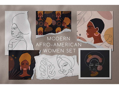 Modern Afro-American women set. abstract african afro american background branding clipart design female flat art illustration leaves line art logo logotype seamless pattern tropical woman women