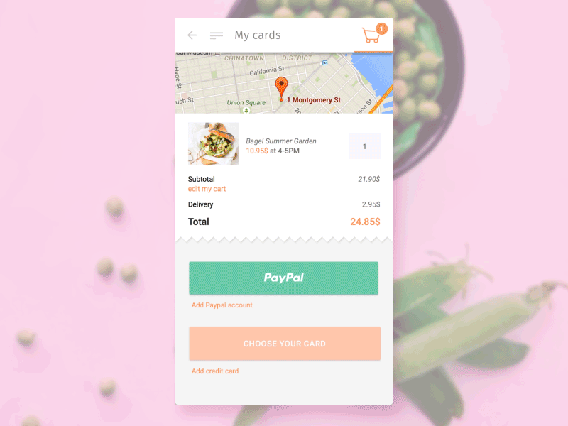 Payment cards process android animation cards food material payment pink principle prototype sketch3 ui ux
