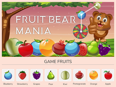 Fruit Bear Mania Game Fruits | Fruits illustration apple bear blueberry fruit illustration fruits grapes graphic grapics icon kiwi orange pomegranate strawberry