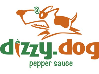 Dizzy Dog Pepper Sauce logo cartoon dog logo whimsical