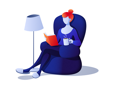 Woman reading a book affinity armchair blue book cozy design illustration illustrator ipad reading tea vector woman