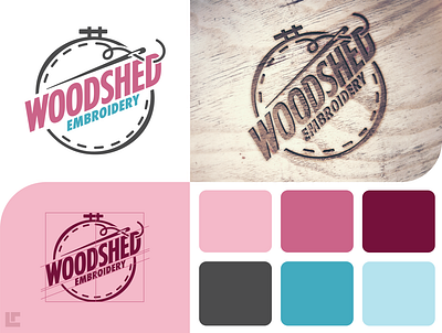 Woodshed Embroidery Rebrand brand identity branding circle colorful colors custom design emblem embroidery girly intern local business logo new logo pink portfolio rebrand rebranding small business update