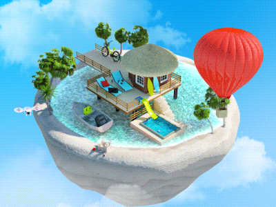 Flying island animation bungalo dron flying gif holiday island pool sky summer water