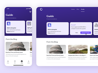 Guide 2.0 app benefits cards carousel catch finance fintech ios product design purple recommendations ui ux web