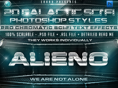Galactic Sci-Fi "Chromatic Effect" PS Styles asl chromatic chrome effects era89 fi galactic glossy metal photoshop pro professional psd sci styles text