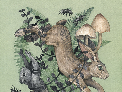 Forest bees forest illustration rabbit squirrel watercolor