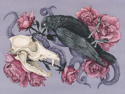 Shadow botanical illustration raven roses skull tentacles watercolor