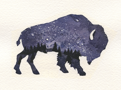 Starry Night - Buffalo buffalo celestial illustration mountains starry night watercolor