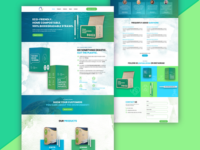 Biodegradable straw website concept blue green ocean webdesign