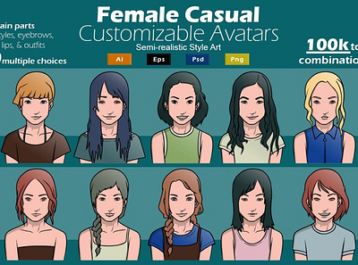 Female Casual Customizable Avatars - Characters Vector art artwork avatar character design custom customizable design doodle drawing envato female graphic hairstyle illustration outfit vector