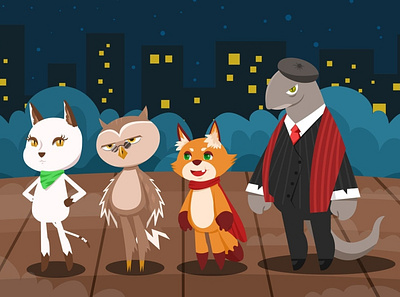 Overnighters artwork cartoon cat character character design city design doodle envato envatoelements fox graphic illustration lifestyle night nightlife outside owl repyile vector