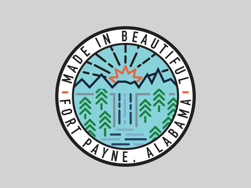 Beautiful Fort Payne illustration monoline monoweight light rays sun trees waterfall water round badge badge sticker national park beautiful alabama