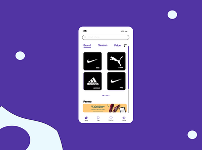 Home screen for a shoe shopping app homepage purple shoes shopping ui