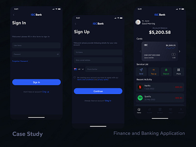 Finance and Banking Application Design UI/UX Case Study animation app design application apps banking app banking home screen banking profile screen dark app design finance app finance dark app finance home screen finance profile screen graphic design home screen landing page motion graphics profile screen ui website