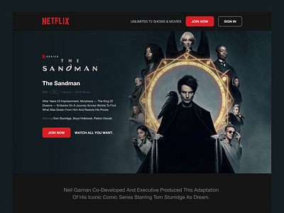 Netflix The Sandman website Landing page Redesign app design apps dark mode design entertainment entertainment website landing page netflix netflix redesign online stream redesign squid game the sandman ui ui ux website website design