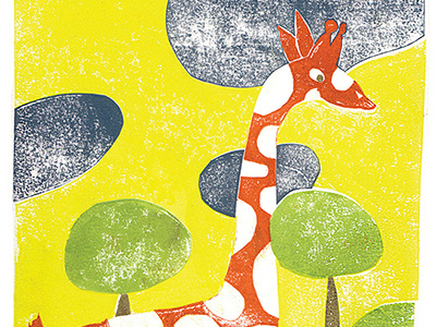 Over the Trees and Under the Rocks art childrens book clouds giraffe illustration ink texture trees woodblock