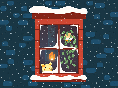 Snowfall brick cat chimney christmas design fire flat illustration illustrator minimal plants pots simple snow snowfall snowflakes vector wall window winter