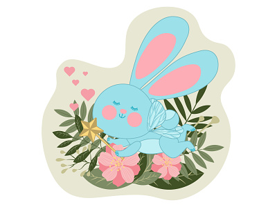 A cute fairy rabbit with wings and a magic wand is flying baby beautiful bright cartoon character design dream fairy fantasy flying funny happy hare magic nature rabbit sweet symbol tale wing