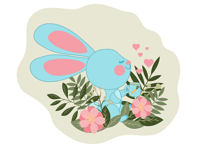 The little rabbit is happy to drink fragrant delicious tea. adorable animal art baby backdrop background beautiful blue bunny card cartoon character coffee cup cute hare little rabbit spring tea