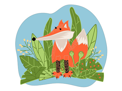 The drawn cartoon fox sits among the green grass and bushes.