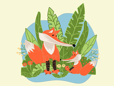 Mom fox with little fox on green grass in cartoon flat style.