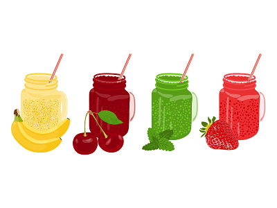 Fruit berry cocktails and juices in transparent glasses