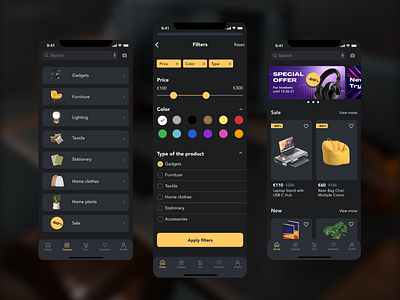 Concept of e-commerce app for iOS app design dark mode dark theme dark ui e commerce app e commerce design ui