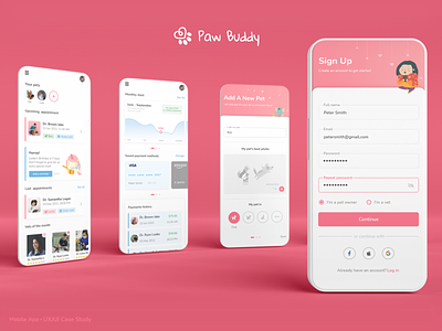 🐾 Paw Buddy behance branding case study graphic design illustration logo mobile design pet pet app pink ui ux