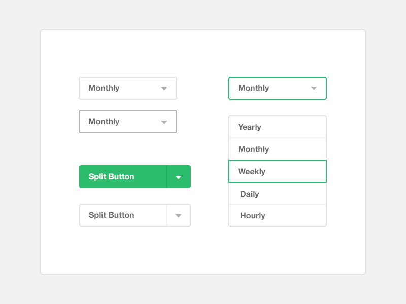 Fat Bold UI Elements - Select with Options and Split Buttons. ui elements select split buttons clean options green states white