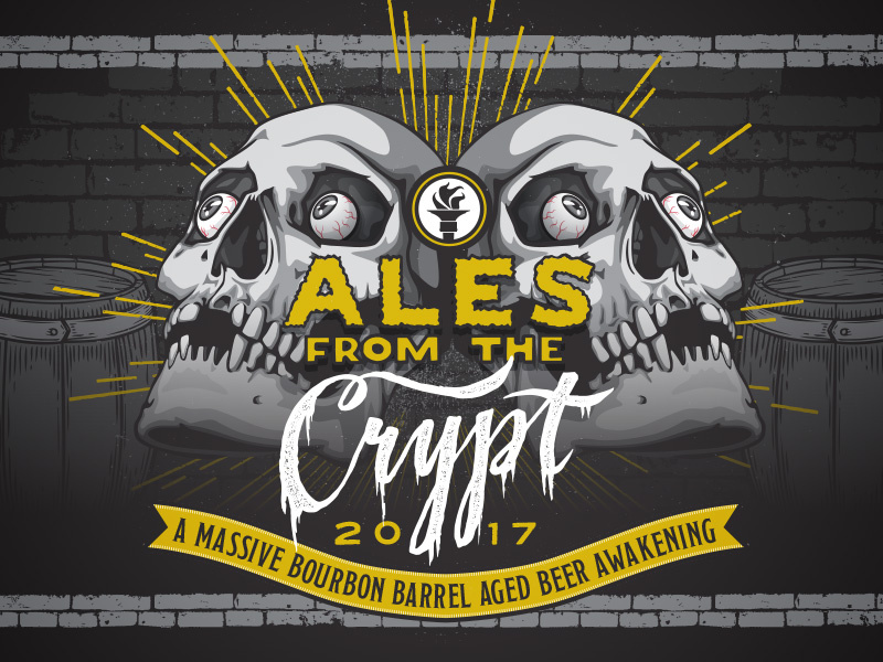 Indiana City Beer Art - Ales From the Crypt bricks rays burst craft halloween creepy skull label beer