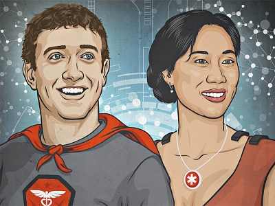 SanFran Mag Editorial - Mark & Priscilla editorial facebook illustration portrait science superhero
