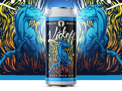 Kickoff Hazy Pale Ale - Indiana City Brewing Label beer branding colts craft craft beer design fire football horse illustration label lettering nfl packaging sports