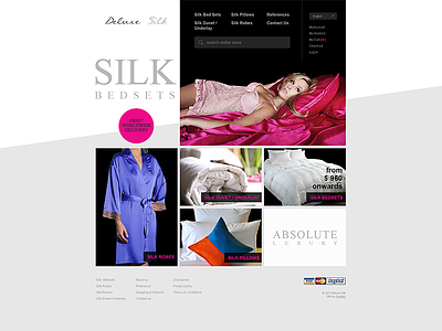 Deluxe Silk brand cart design fashion india layout luxury pink responsive shopping silk web white