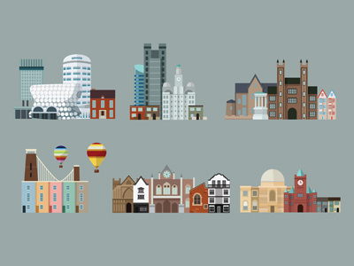 British cities birmingham bristol buildings cardiff city edinburgh england exeter. 2d illustrator leeds vector