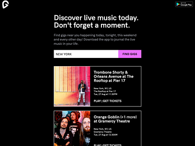 Gigsdeep website angular bands black city dark find gigs javascript listen to music live music minimal music search searchbar