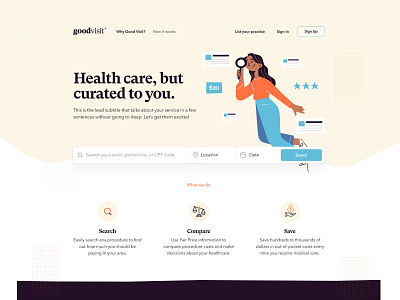 Goodvisit health care platform branding character drawing design illustration search ui ux web