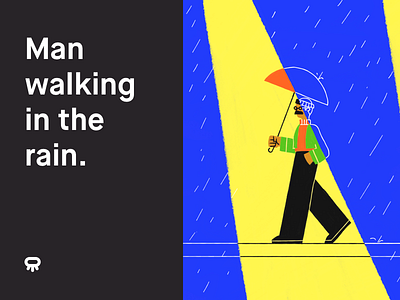 Man walking in the rain drawing flat illustration mustache rain walking walking cycle