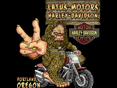 Sasquatch design on motorcycle for Latus Motors, Harley-Davidson branding design icon illustration logo typography vector