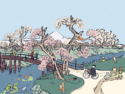 Hanami cats illustration japanese