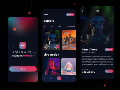 Fabulous🤘 Layouts to Create an NFT Marketplace App📱 app beach bid buy countdown crypto cryptocurrency gradient history icon illustration ios market mobile money nft sell ticket ui wallet