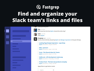 Fastgrep Slack Bot app bot clean design files flat interface landing page links minimal modern mvp productivity project slack social ui ux web website
