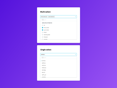 Design System: Multi and single select checkbox checkmark component library components design design system design team form forms library minimal multi-select personio redesign search single select tags ui ui library web