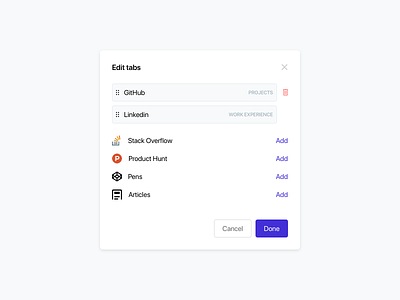 "Edit tabs" modal for CoderHub clean code component design library design system design systems drag and drop integrations minimal minimalist modal mvp tabs ui ux web web app