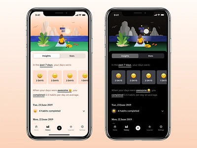 Tangerine - Insights and Stats app apple dark emoji flat habit illustration insights ios light mode mood organize routine scene simple stats tracker ui ux